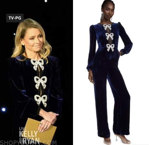 kelly ripa, blue velvet bow jumpsuit, live with kelly and ryan