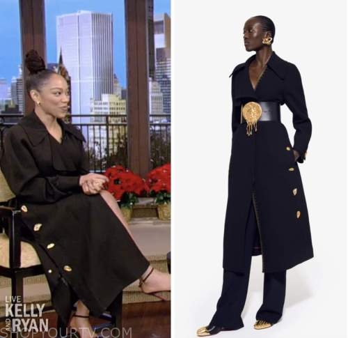 naomi ackie, live with kelly and ryan, black button trench coat and belt