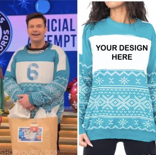 Tipsy Elves Naughty or Nice Ugly Christmas Sweater worn by Ryan Seacrest as  seen in LIVE with Kelly and Ryan on December 16, 2022