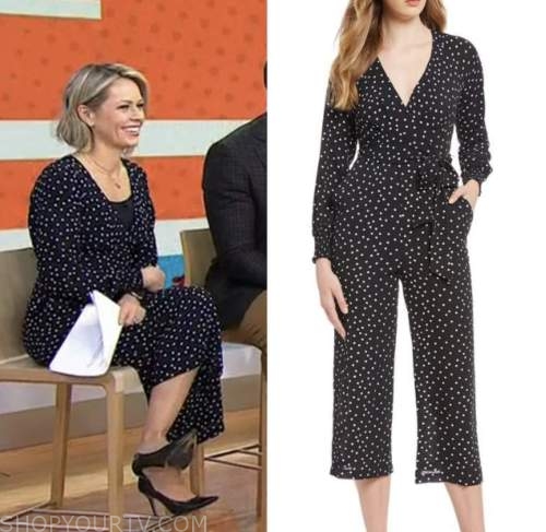 the today show, dylan dreyer, black polka dot wrap jumpsuit
