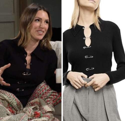 elizabeth hendrickson, chloe mitchell fisher, the young and the restless, black safety pin top sweater