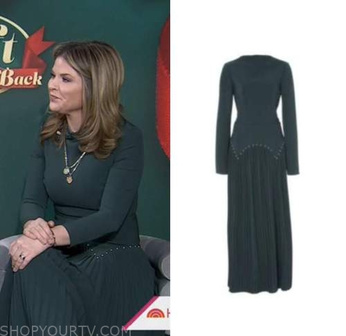 the today show, jenna bush hager, hoda and jenna, green pleated studded dress