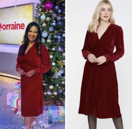 ranvir singh, lorraine, red velvet midi dress