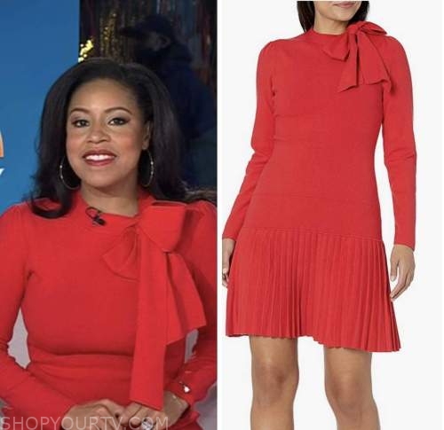 sheinelle jones, the today show, red tie neck bow dress