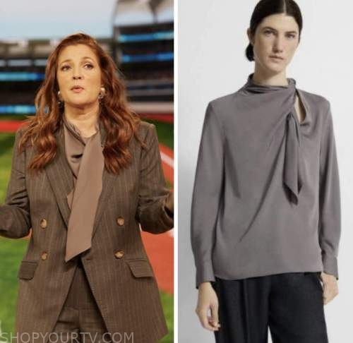 drew barrymore, drew barrymore show, grey tie neck blouse
