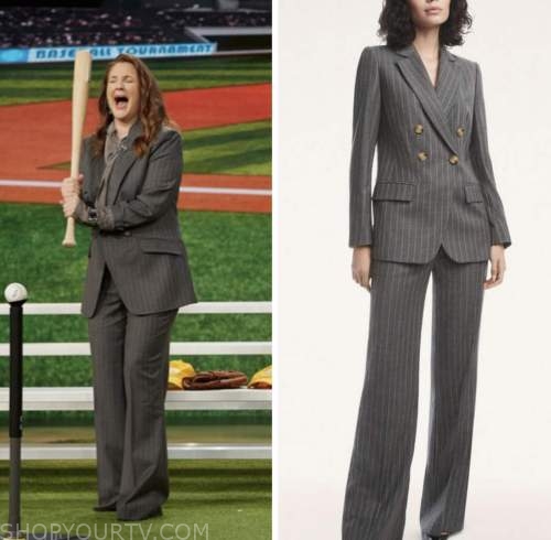 drew barrymore, drew barrymore show, grey pinstripe blazer and pant suit
