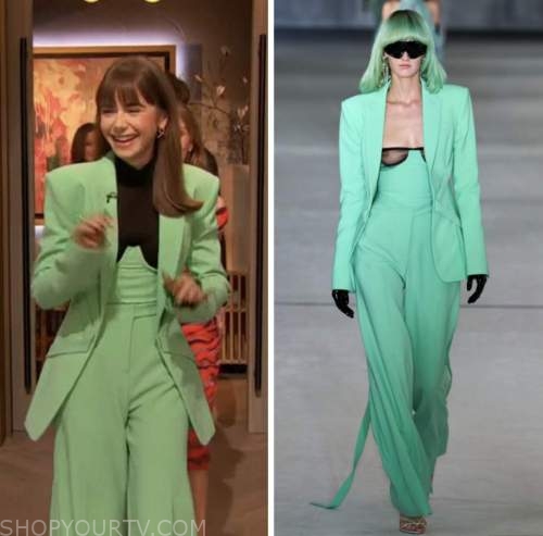 lily collins, drew barrymore show,mint green blazer and pant suit