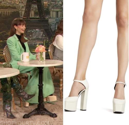 lily collins, drew barrymore show, white platform sandals heels
