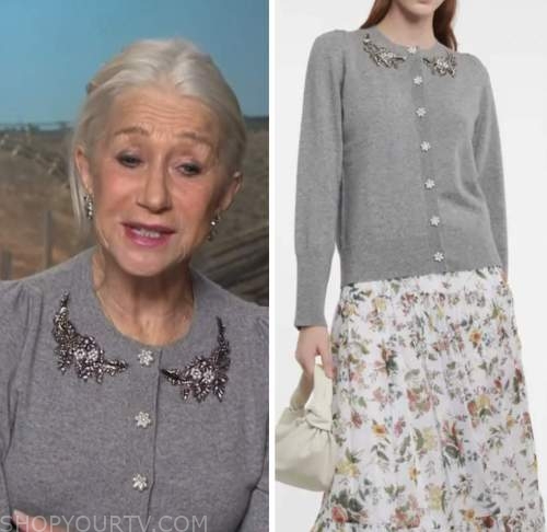 helen mirren, access hollywood, grey embellished cardigan sweater