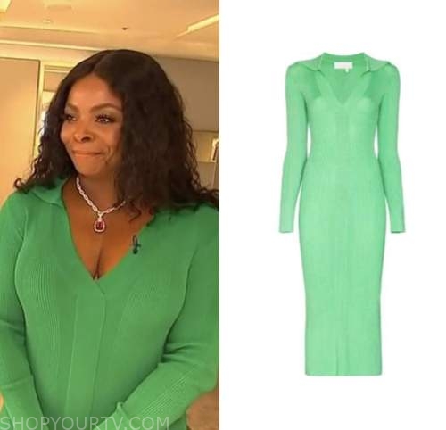 access hollywood, green knit dress, janelle james