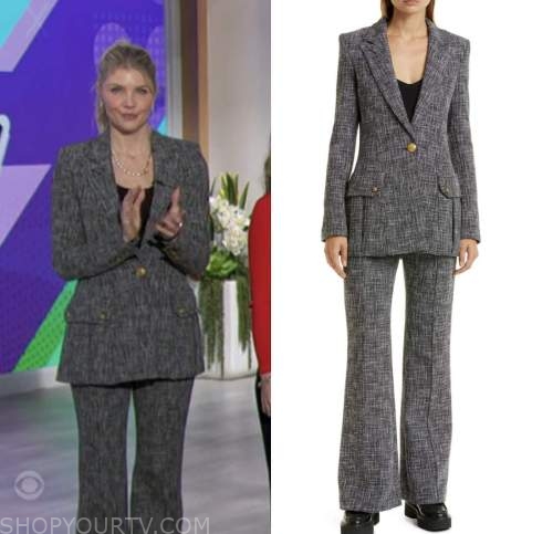 The Talk: January 2023 Amanda Kloots's Grey Tweed Blazer and Pant Suit