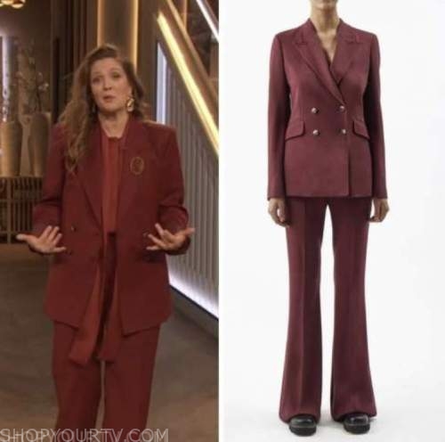 drew barrymore show, drew barrymore, burgundy red blazer and pant suit