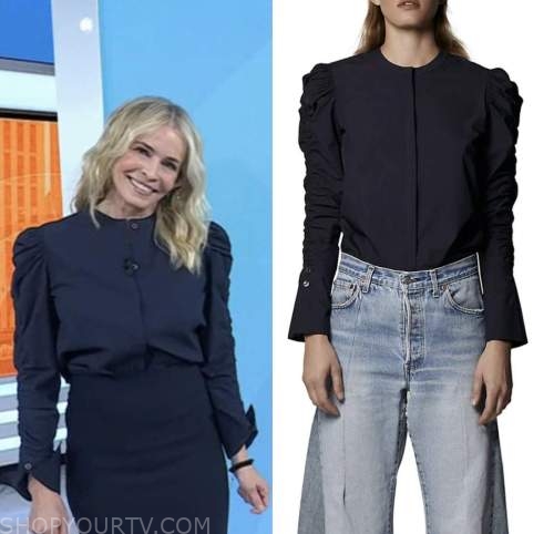 the today show, chelsea handler, navy blue ruched shirred sleeve shirt blouse