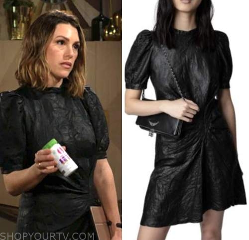 elizabeth hendrickson, chloe mitchell, the young and the restless, black crinkle leather dress