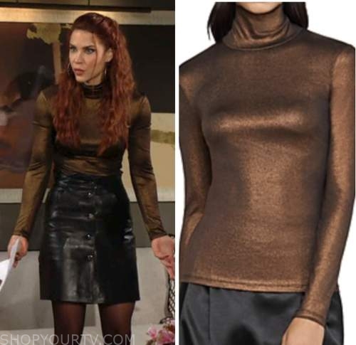 the young and the restless, sally spectra, courtney hope, bronze metallic turtleneck top