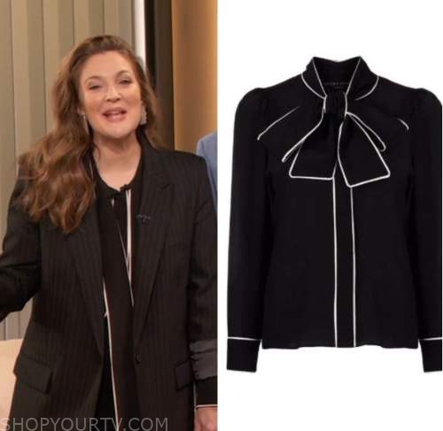 drew barrymore, drew barrymore show, black contrast trim tie neck blouse