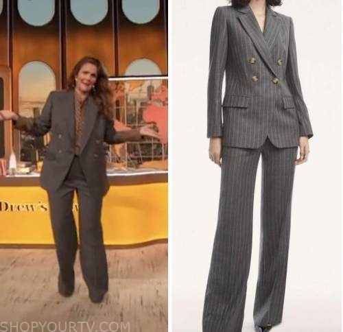 drew barrymore show, drew barrymore, grey pinstripe blazer and pant suit