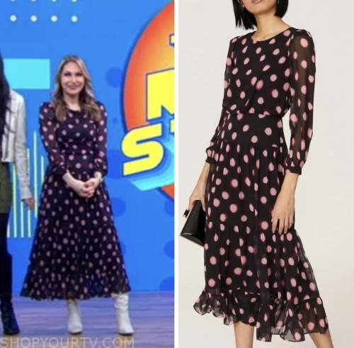 lori bergamotto, good morning america, black and pink polka dot midi dress