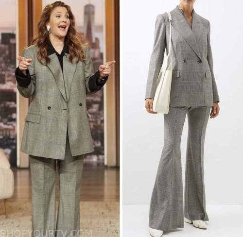 drew barrymore, drew barrymore show, grey plaid blazer and pant suit