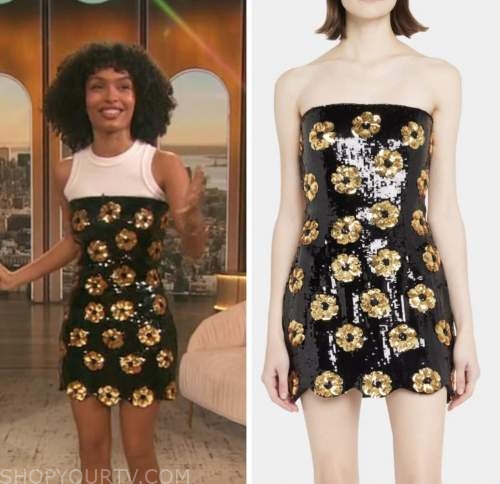 yara shahidi, drew barrymore show, black and gold floral sequin strapless mini dress