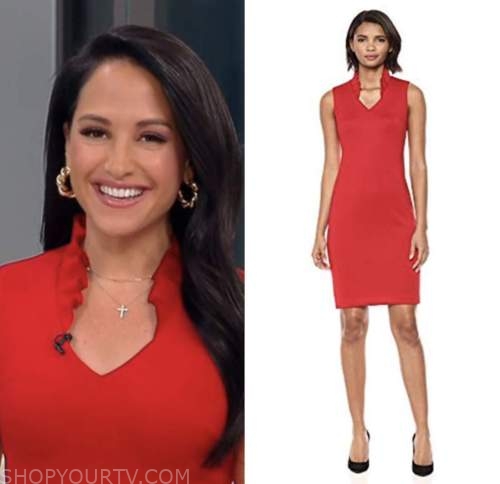 emily compagno, outnumbered, red ruffle collar sheath dress