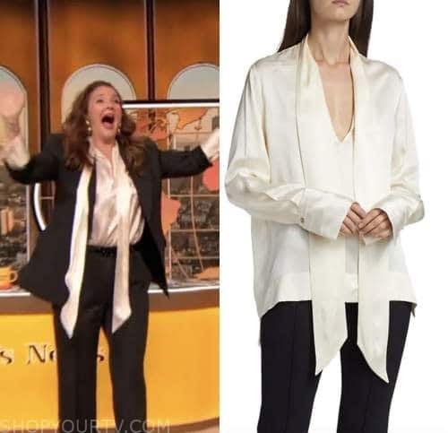 drew barrymore show, drew barrymore, white satin tie neck blouse