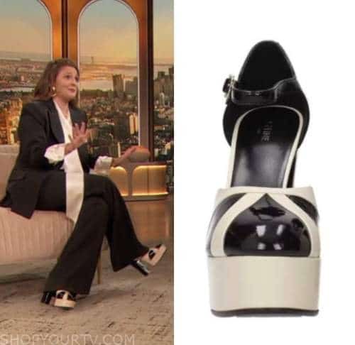 drew barrymore show, drew barrymore, black and white platform heels
