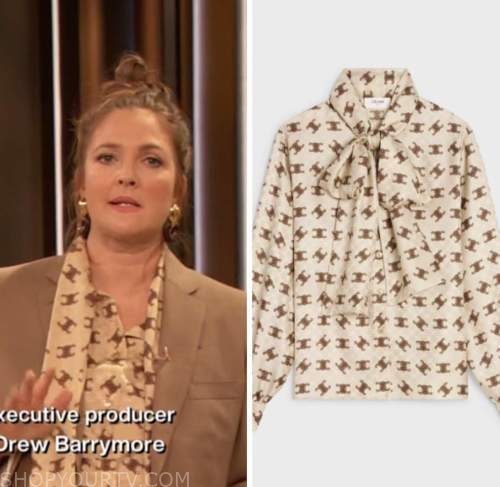 drew barrymore, drew barrymore show, tie neck printed blouse