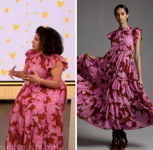 drew barrymore show, damona hoffman, pink and red floral print ruffled dress