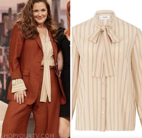 drew barrymore show, drew barrymore, ivory striped tie neck blouse