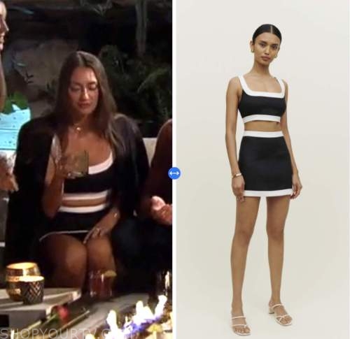 anastasia midas, the bachelor, black and white contrast trim crop top and skirt set