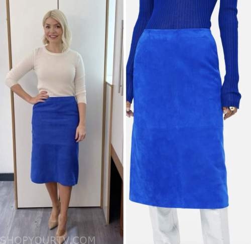 this morning, holly willoughby, blue suede skirt