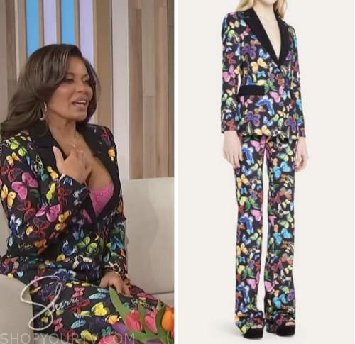 Dolores Catania, black butterfly blazer and pant suit, sherri