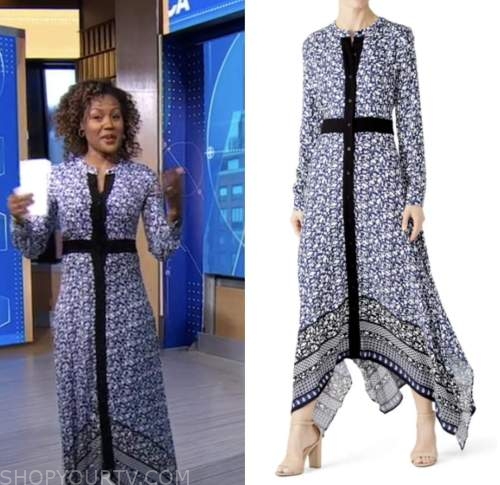 janai norman, good morning america, navy blue printed maxi dress