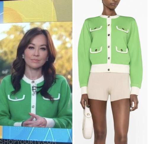 eva pilgrim, good morning america, green contrast trim cardigan sweater
