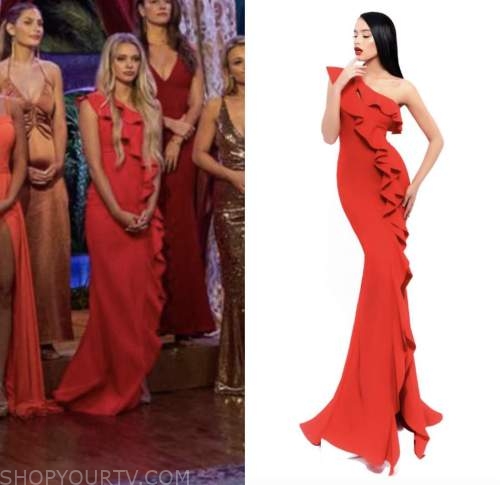 brooklyn willie, the bachelor, red ruffle one-shoulder gown