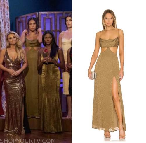 mercedes northup, the bachelor, gold cutout satin dress