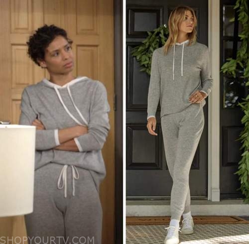 elena dawson, the young and the restless, brytni sarpy, grey hoodie and jogger pant suit