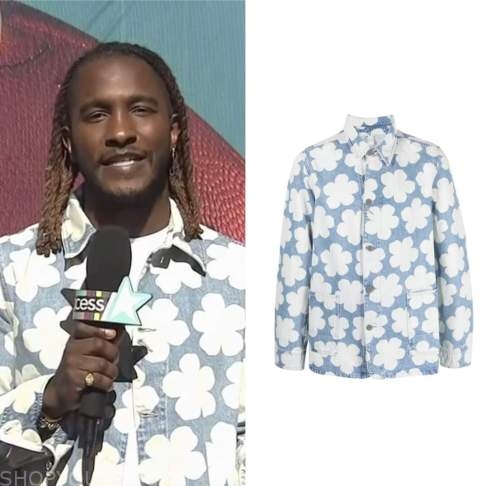 access hollywood, denim floral jacket, scott evans