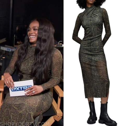 rachel lindsay, extra, green snakeskin dress