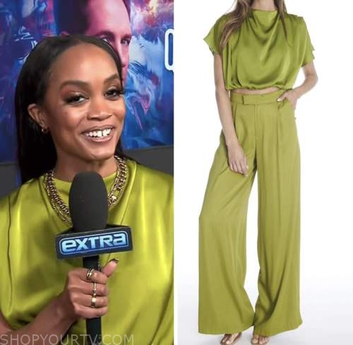 rachel lindsay, green satin drape top and pants, extra