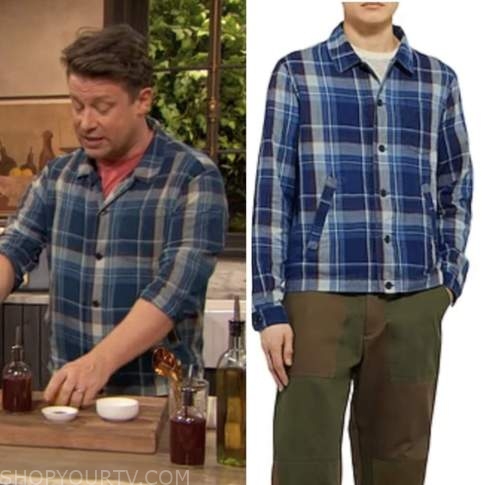 jamie oliver, drew barrymore show, blue check plaid shirt