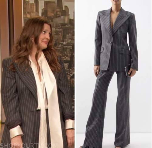 drew barrymore, drew barrymore show, grey striped blazer and pant suit