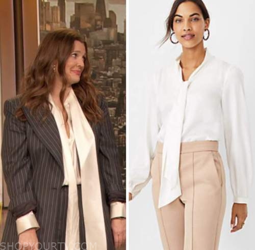 drew barrymore, drew barrymore show, white tie neck blouse