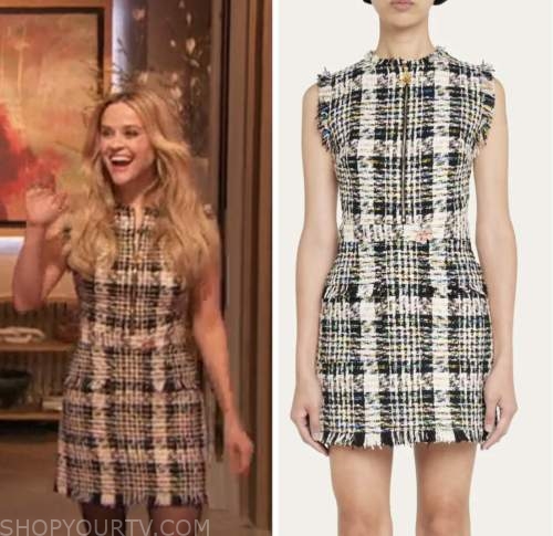 reese witherspoon, drew barrymore show, plaid tweed dress
