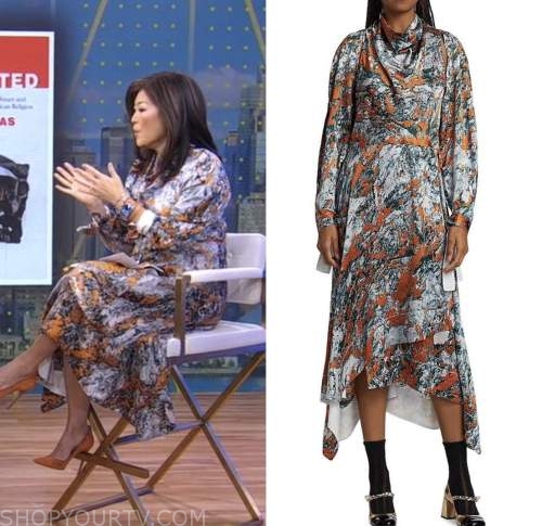 juju chang, silk printed drape midi dress, good morning america