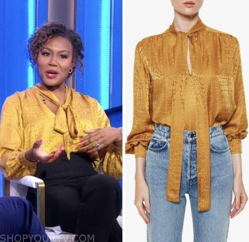 janai norman, good morning america, yellow satin tie neck blouse