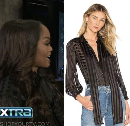 rachel lindsay, extra, black stripe tie neck top