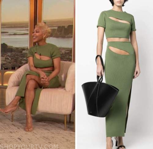 drew barrymore show, meagan good, green cutout top and skirt dress