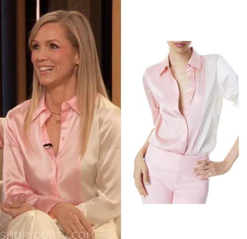 jennie garth, drew barrymore show, pink and white satin colorblock blouse